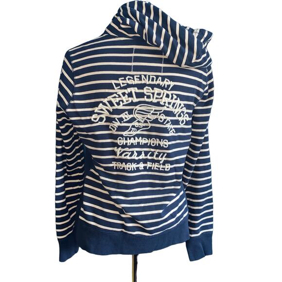 Lucky Brand Navy Blue Striped Zip Up Embroidered Knit Track Hoodie Size Large - Picture 4 of 8
